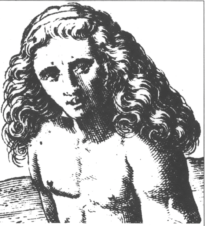 Drawing portrait of a bare chested person long hair looking expressively