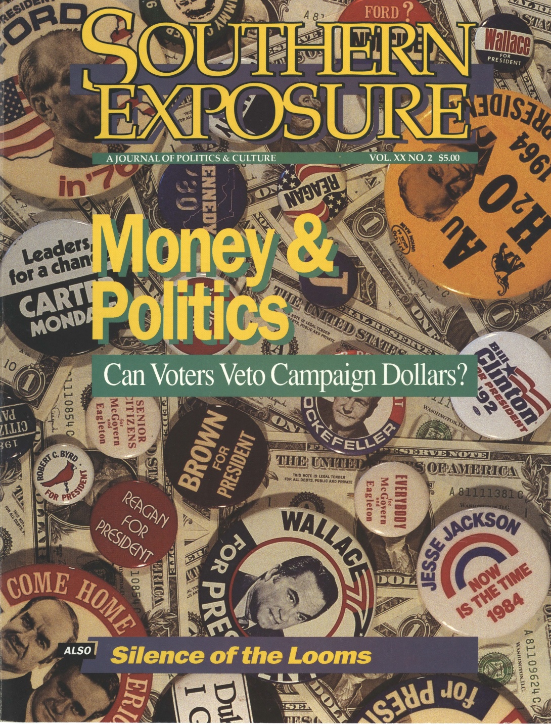 Magazine cover with photo of campaign buttons and dollar bills, reading "Money & Politics"