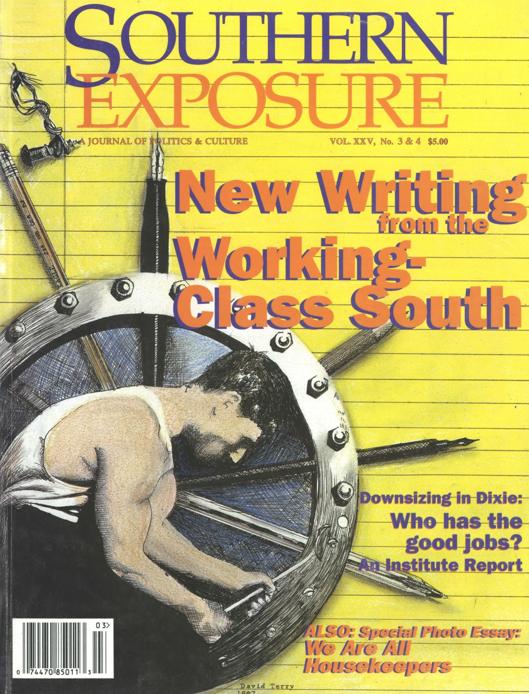 Magazine cover with background of notebook paper and visual of man working on metal wheel. Text reads "New Writing from the Working-Class South"