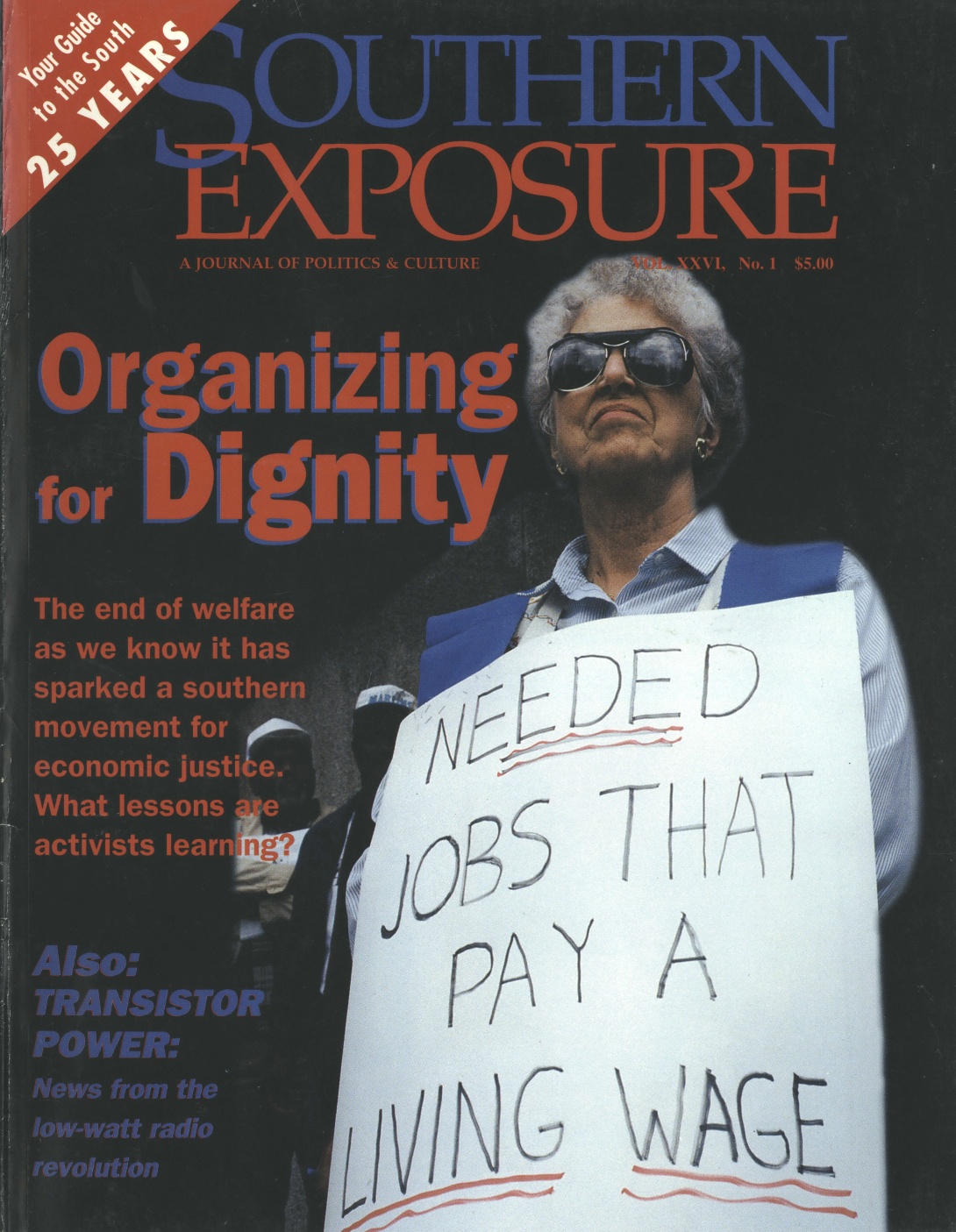 Southern Exposure cover that reads "Organizing for Dignity" and features an older woman in sunglasses holding a sign