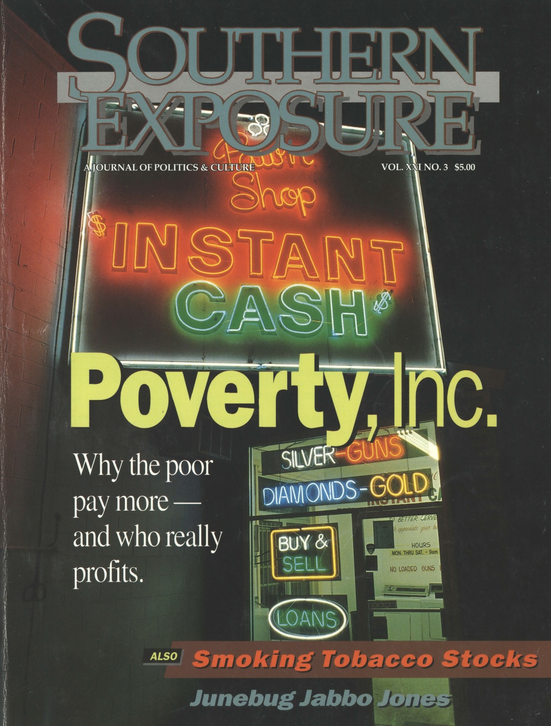 Magazine cover that reads "Poverty Inc: Why the poor pay more—and who really profits" with a pawn shop full of neon signs reading "instant cash" etc in the background