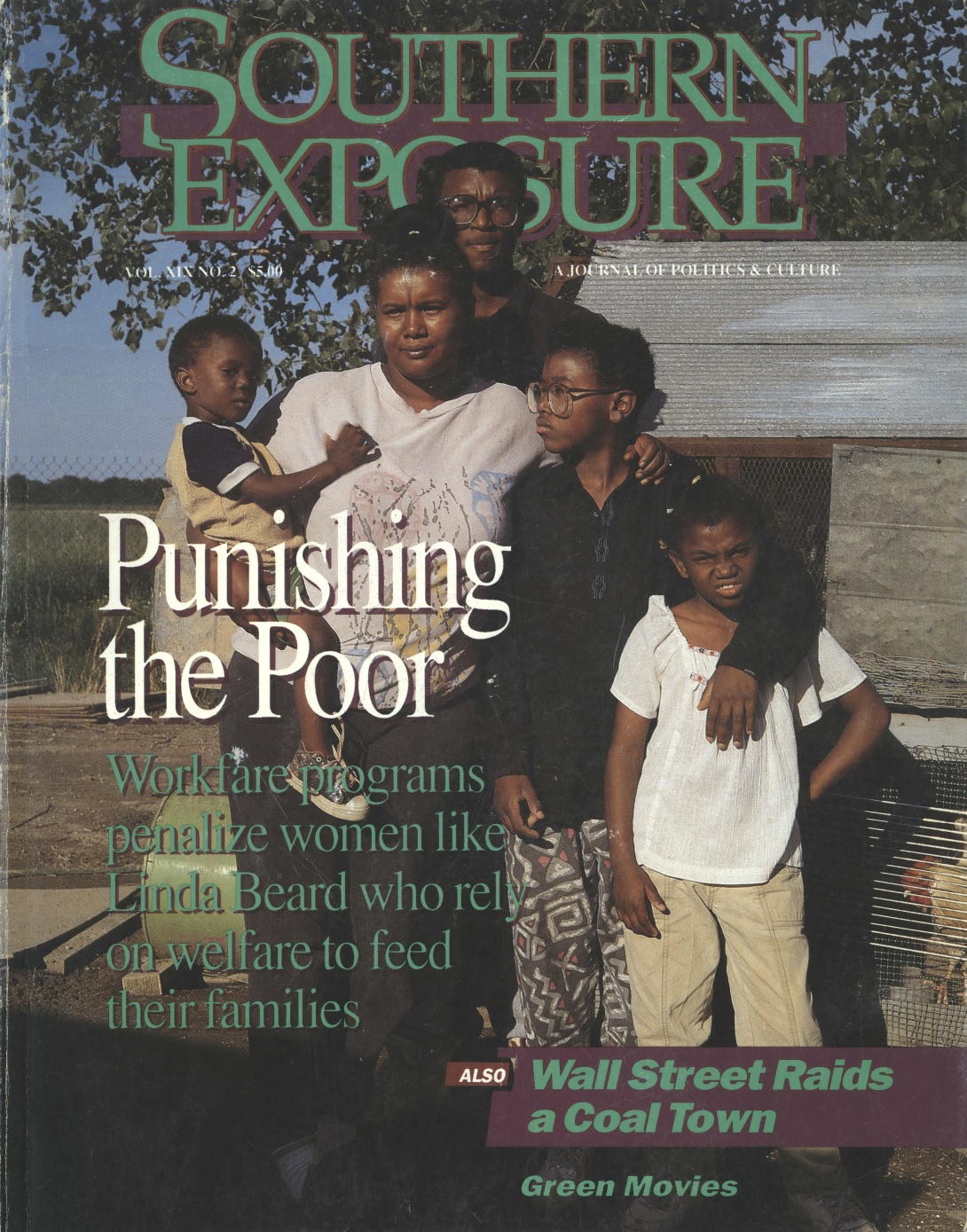 Magazine cover showing Black family standing outside in front of a chicken house. Text reads "Punishing the Poor: Workfare programs penalize women like Linda Beard who rely on welfare to feed their families."