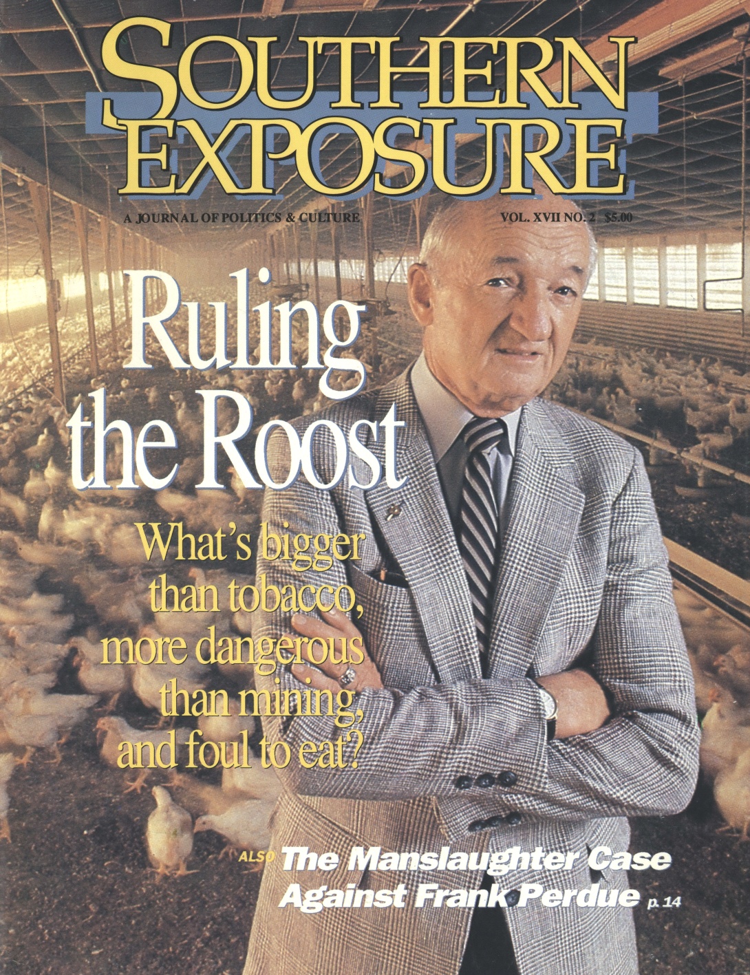 Magazine cover with photo of Frank Perdue standing in a chicken house, text reads Ruling the Roost
