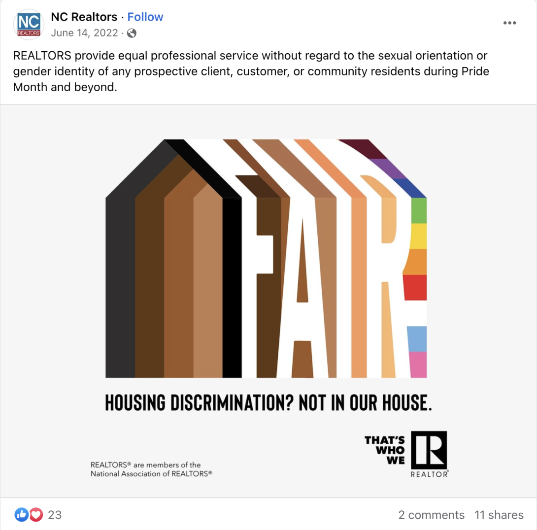 A screenshot from NC Realtors' Facebook page depicting a graphic and statement in support of housing equality.