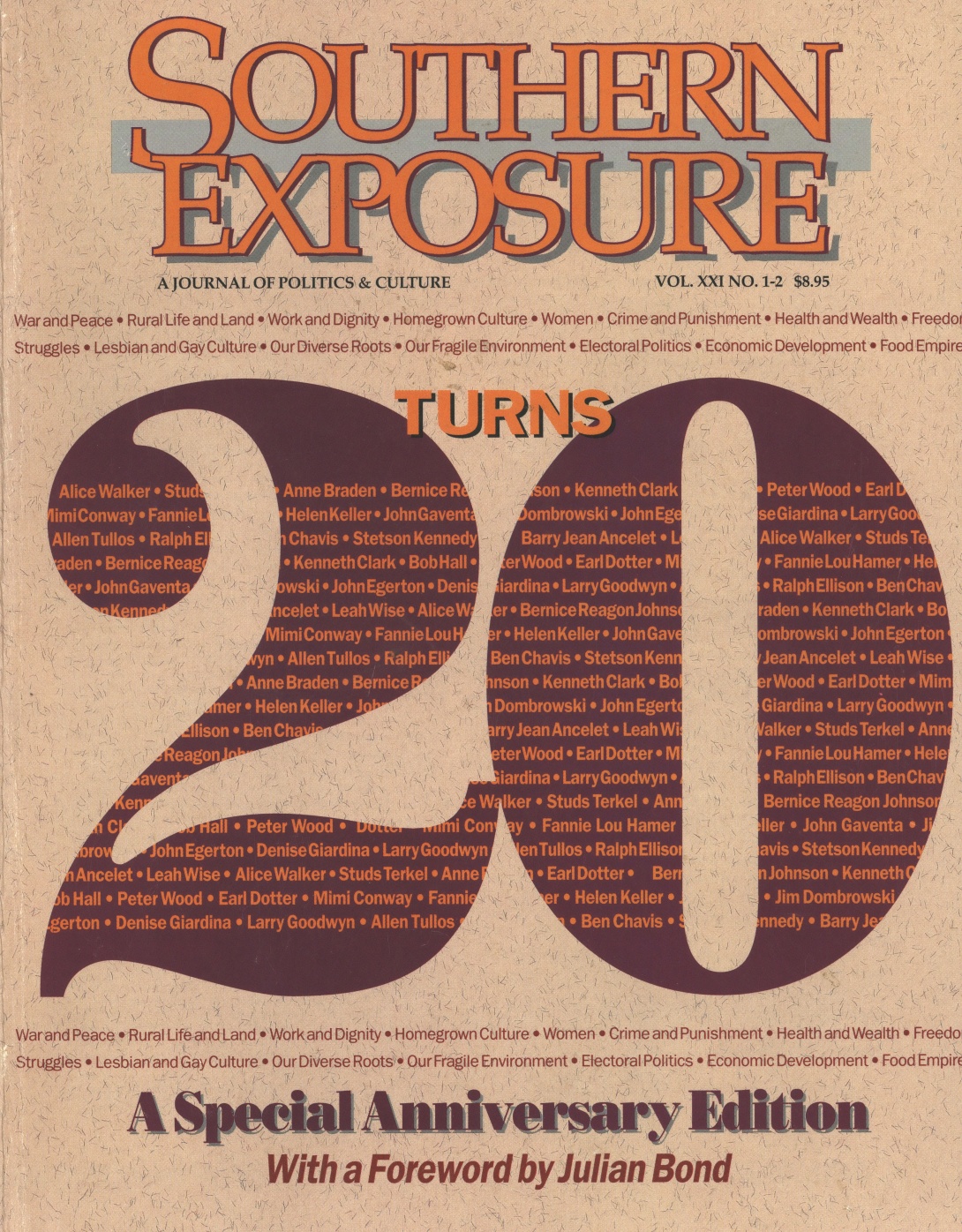 Magazine cover that reads Southern Exposure turns 20 with numerals very big and purple serif font against tan background