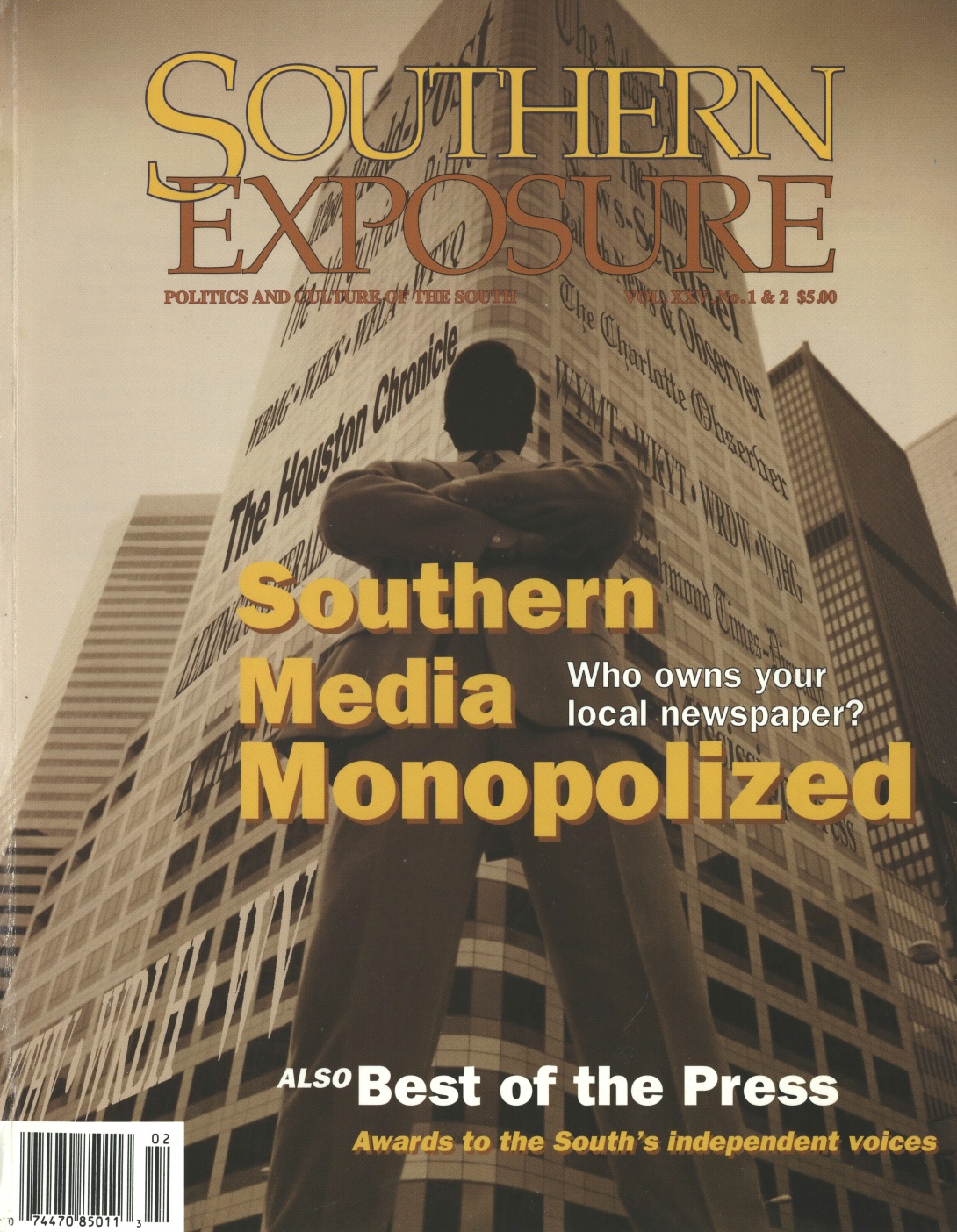 Magazine cover with photo of high-rise building with the names of newspapers including The Houston Chronicle and Charlotte Observer, text reads "Southern Media Monopolized: Who owns your local newspaper?"