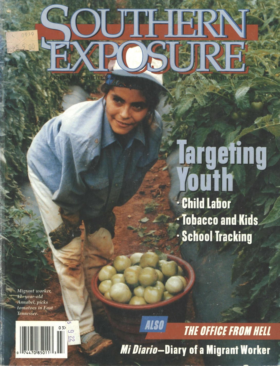 Magazine cover with photo of teenage girl in work clothes picking tomatoes; text reads "Targeting Youth: Child Labor, Tobacco and Kids, School Tracking"