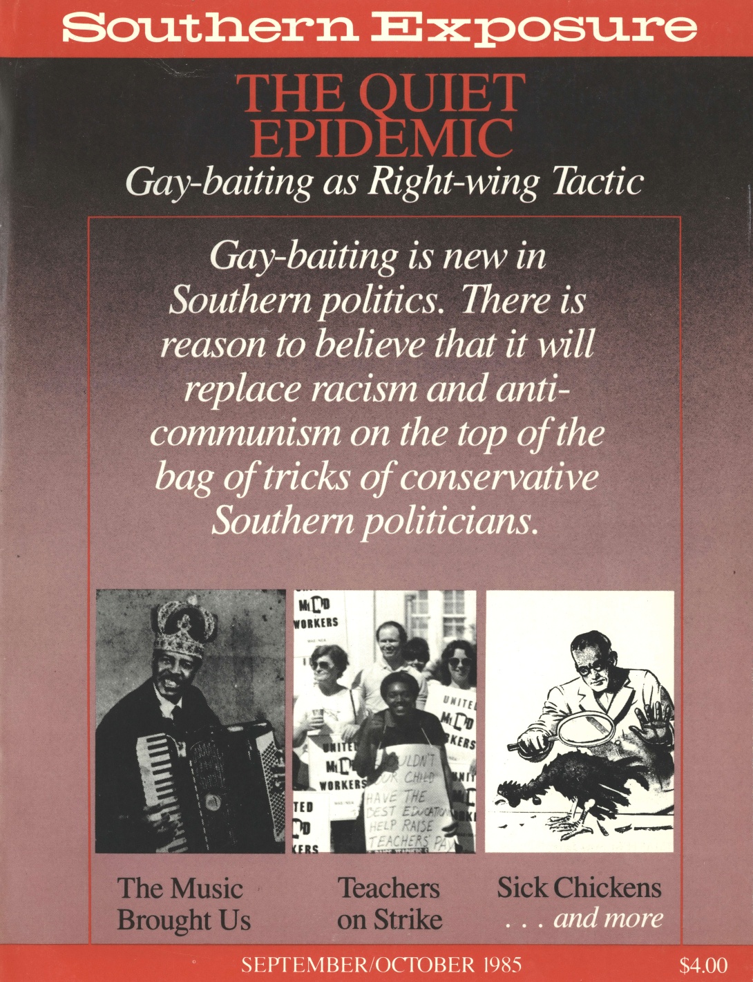 Magazine cover reading "The quiet epidemic: Gay-baiting as right-wing tactic. Gay-baiting is new in Southern politics. There is reason to believe that it will replace racism and anti-communism on the top of the bag of tricks of conservative Southern politicians."