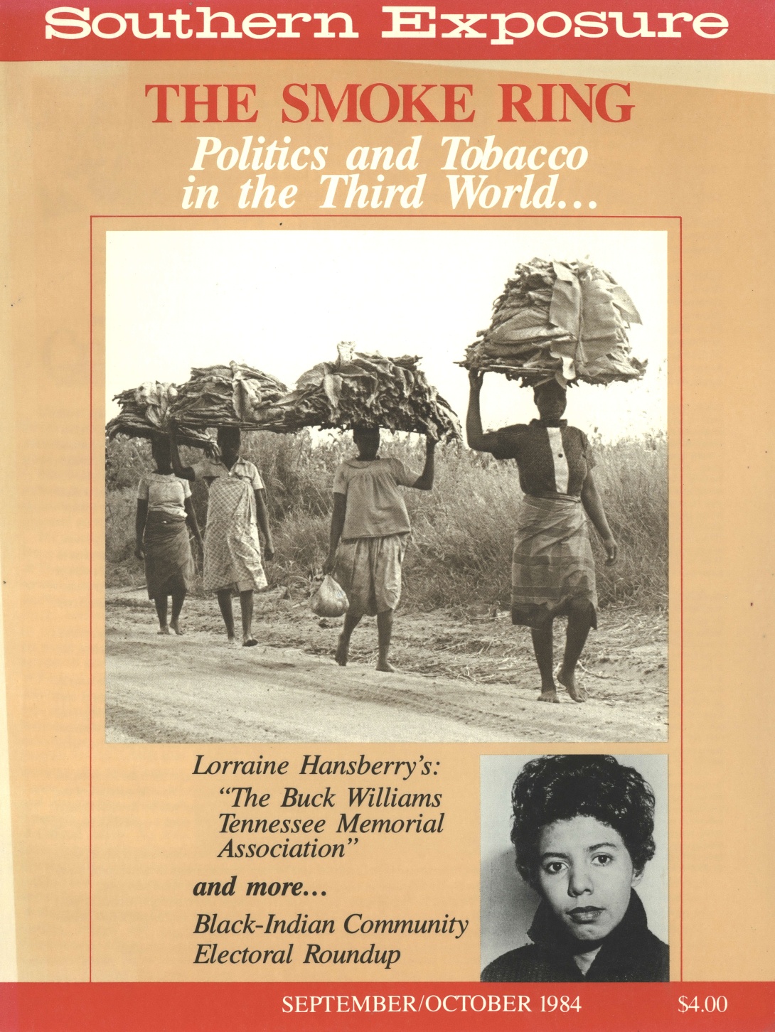 Magazine cover with photo of women walking down dirt road carrying tobacco leaves on their heads; photo of Lorraine Hansberry