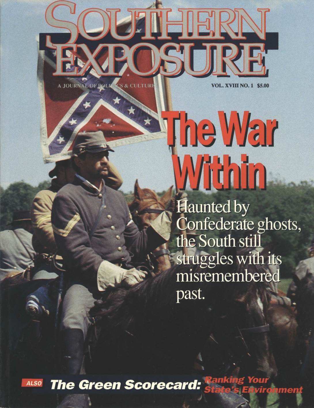 Magazine cover with reenactor holding Confederate battle flag, reading "The War Within"
