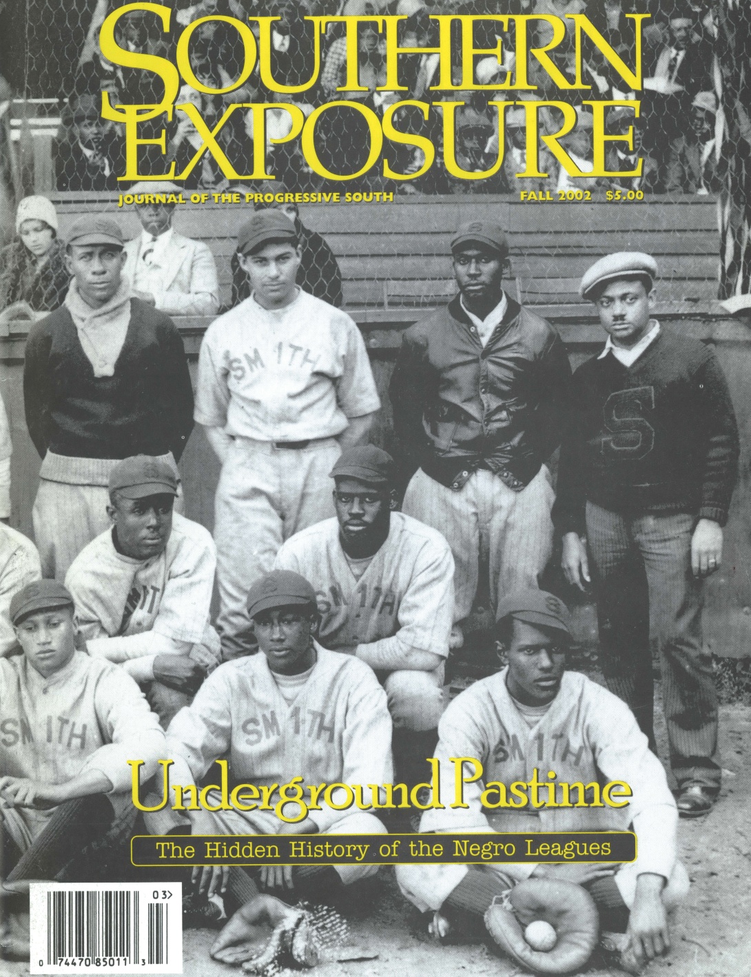 Magazine cover with black and white team photo of Negro Leagues baseball team, text reads "Underground Pastime: The Hidden Histroy of the Negro Leagues"