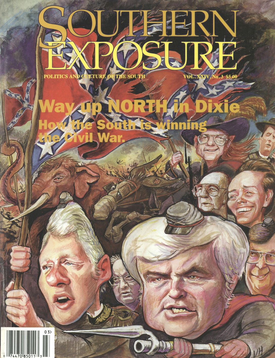 Magazine cover with art of Bill Clinton, Newt Gingrich, other Southern politicians waving Confederate flag and carrying bayonets. Text reads "Way up NORTH in Dixie: How the South is winning the Civil War."