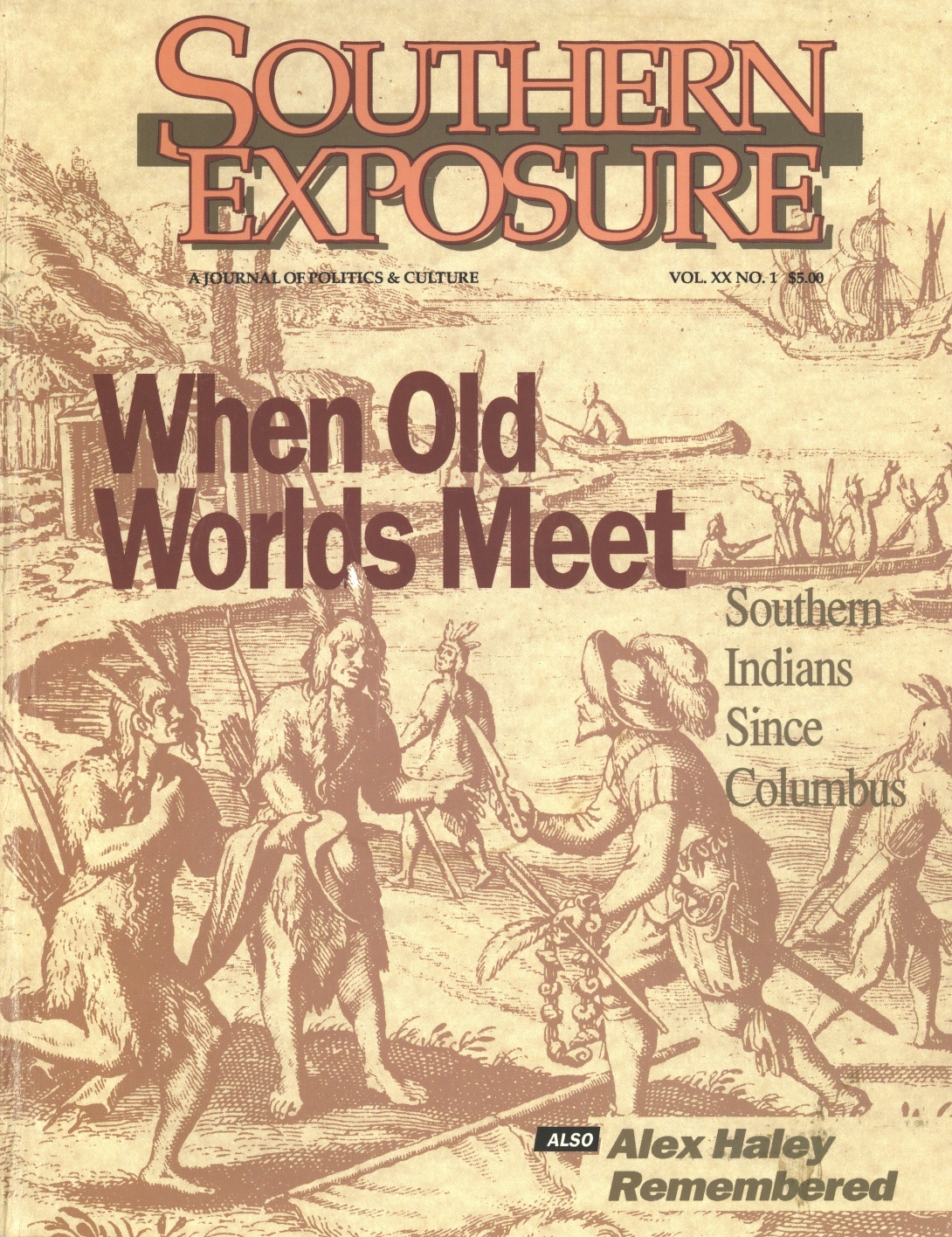 Magazine cover with drawing of settler meeting Indigenous persons, reading "When Old Worlds Meet: Southern Indians Since Columbus"