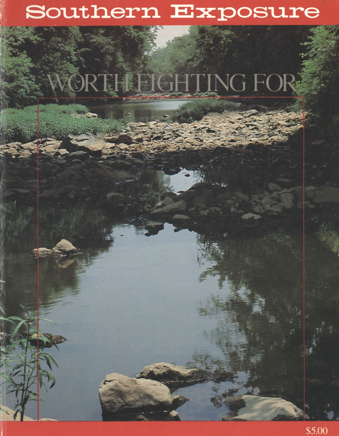Magazine cover with photo of rocky creekbed surrounded by green forest