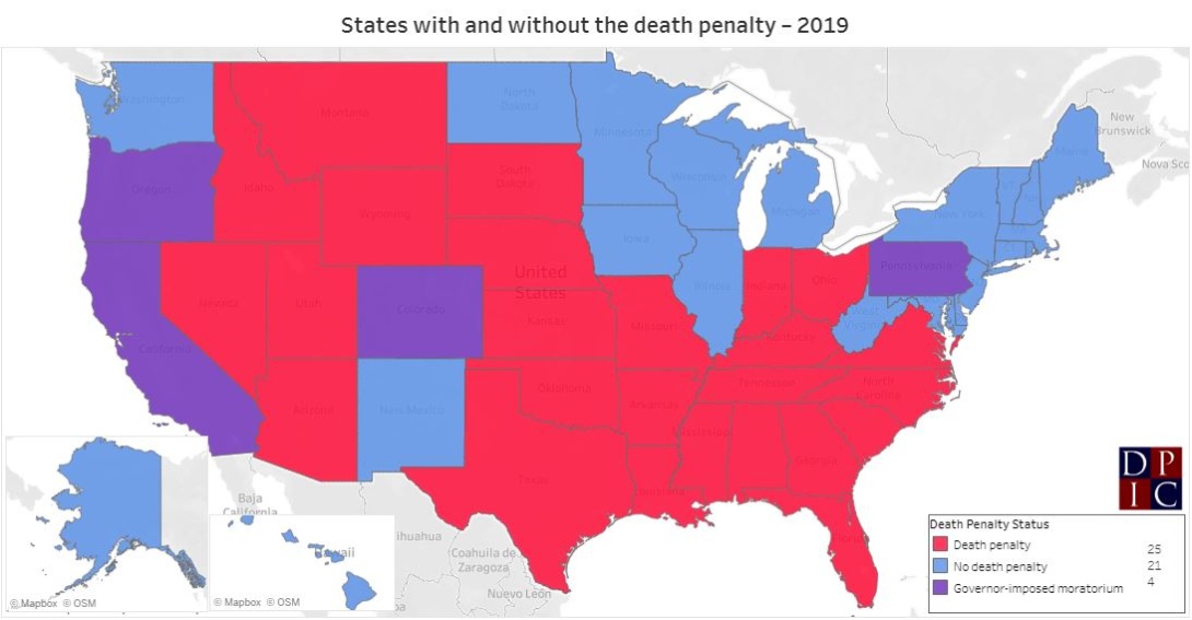 Map showing which states have the death penalty on the books as of 2019