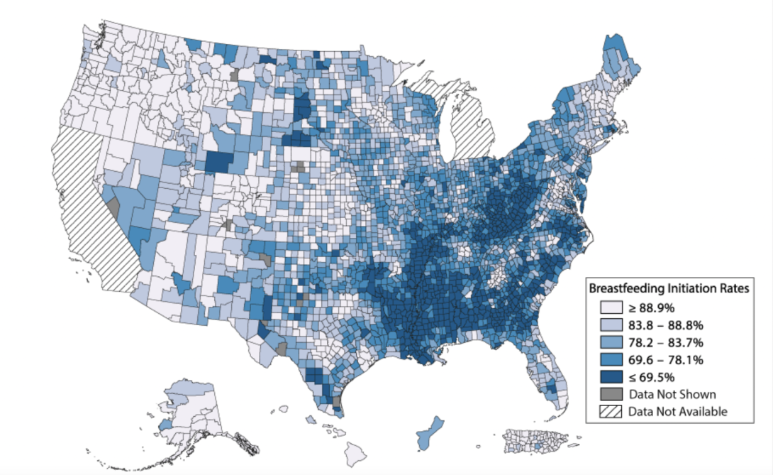 CDC map of breastfeeding initiation rates by county CDC map of breastfeeding initiation rates by county