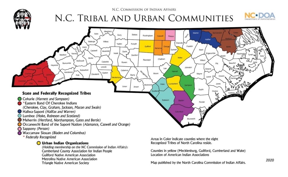 NC map showing location of the state's Native American tribes